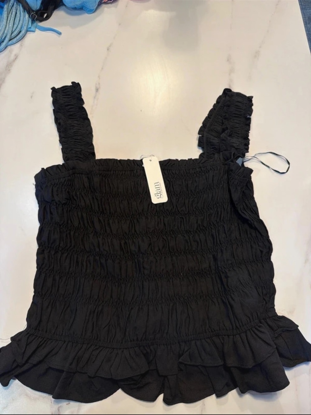 glam Black Smocked Ruffle-Strap Tank